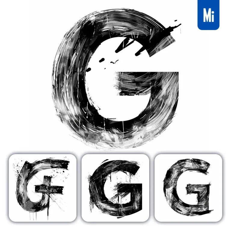 midjourney prompt letter G brush ink black and white font stroke art