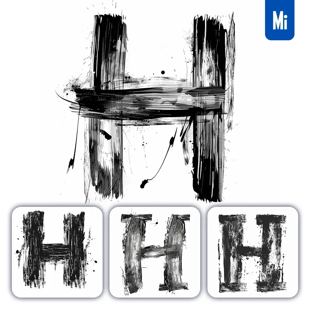 midjourney prompt letter H brush ink black and white font stroke art