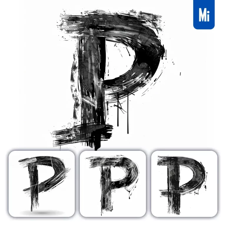 midjourney prompt letter P brush ink black and white font stroke art