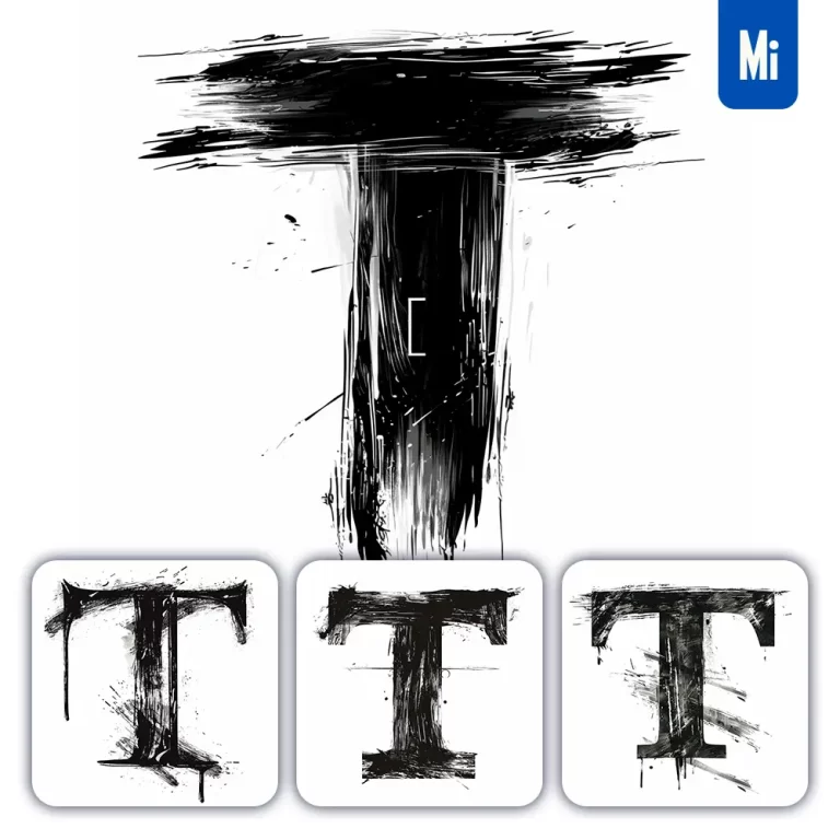midjourney prompt letter T brush ink black and white font stroke art