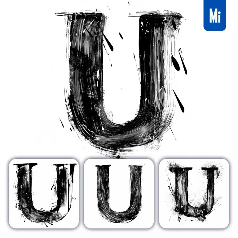 midjourney prompt letter U brush ink black and white font stroke art