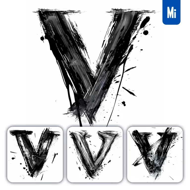 midjourney prompt letter V brush ink black and white font stroke art