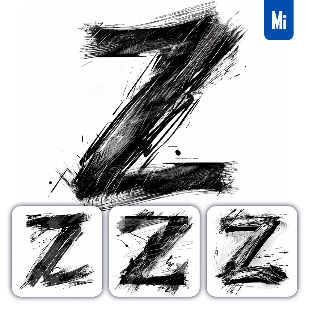 midjourney prompt letter Z brush ink black and white font stroke art