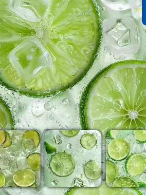 Midjourney Prompt Lime Lemon Slice Ice Cube Sparkling Water Green Bubble Photography