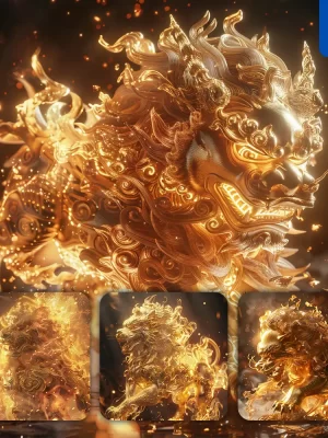 Midjourney Prompt Lion Fire Lighting Gold Golden 3d Cg