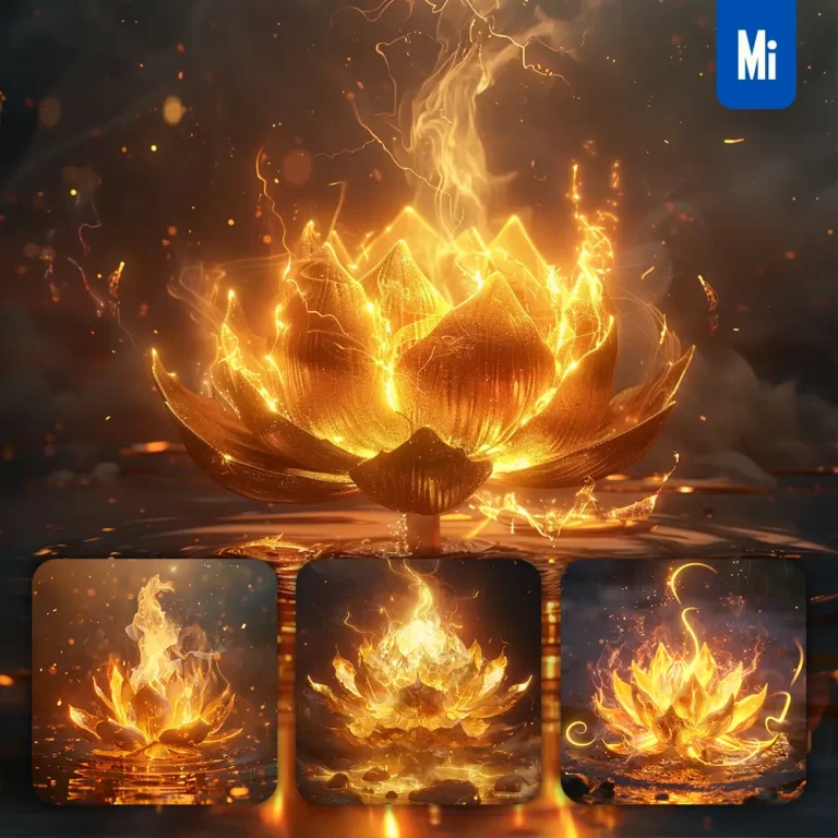 midjourney prompt lotus fire lighting gold golden 3D CG