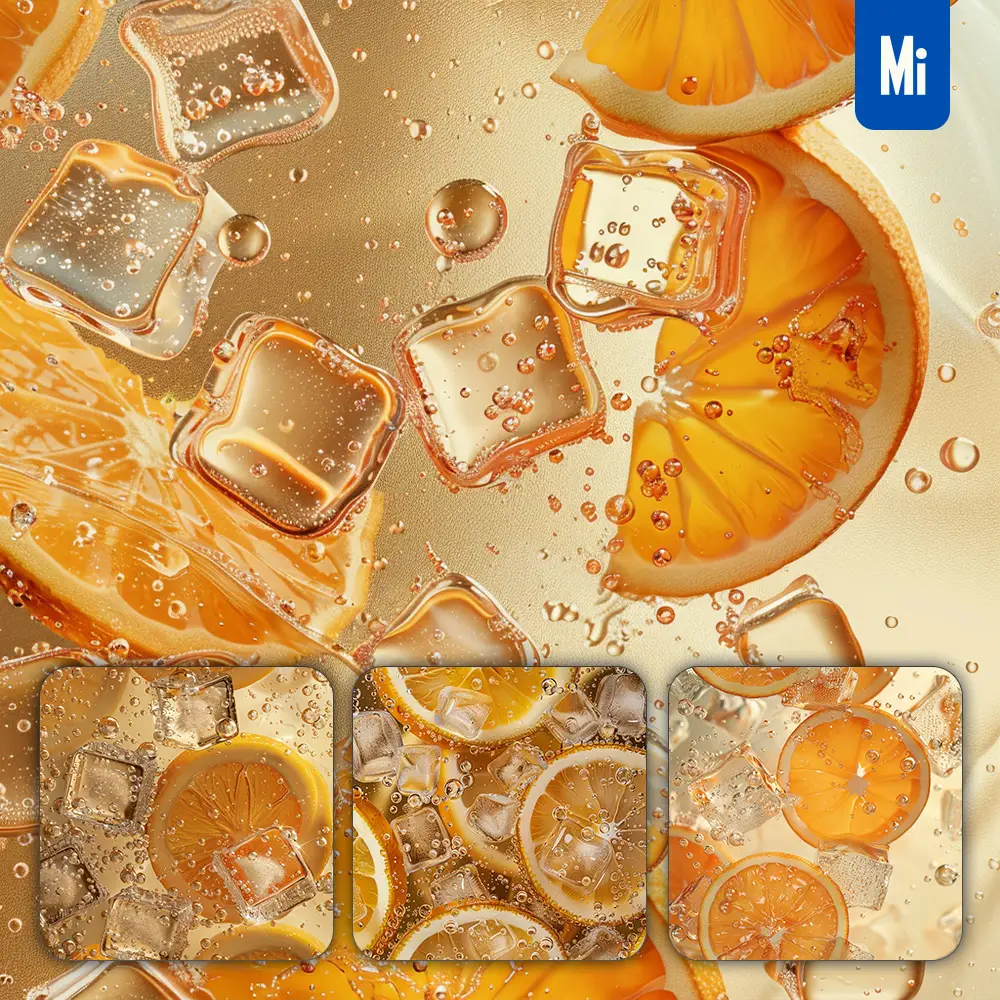 Midjourney Prompt Orange Slice Sparkling Water Ice Cube Bubble Photography