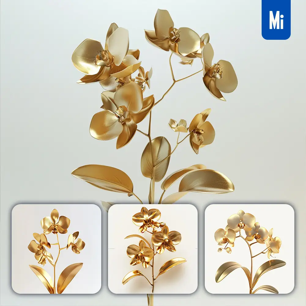 Midjourney Prompt Orchid Gold Golden Metal Flower Leaves Leaf 3d