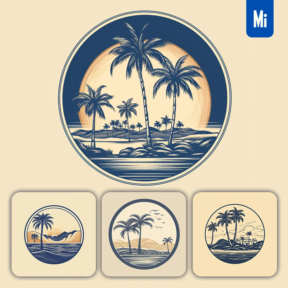 Midjourney Prompt Palm Coconut Tree Sea Island Circle Round Vector Logo
