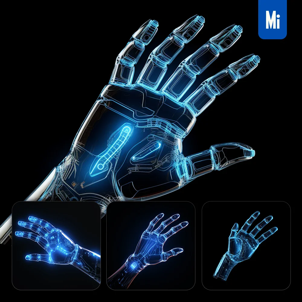 Midjourney Prompt Robot Hand Wireframe Structural Isometric Digital Technological Technology Perspective