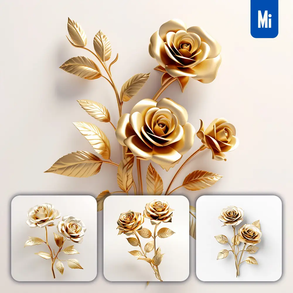 Midjourney Prompt Rose Gold Golden Metal Flower Leaves Leaf 3d