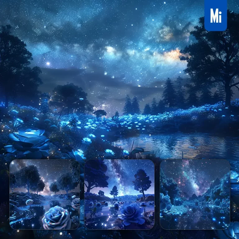 midjourney prompt rose surreal sky moonlight starlight tree star galaxy blue night river virtual dream
