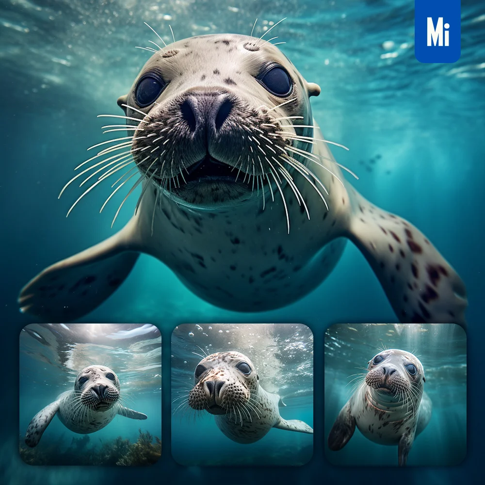 Midjourney Prompt Seal Underwater Sea Light Swim Diving Photography
