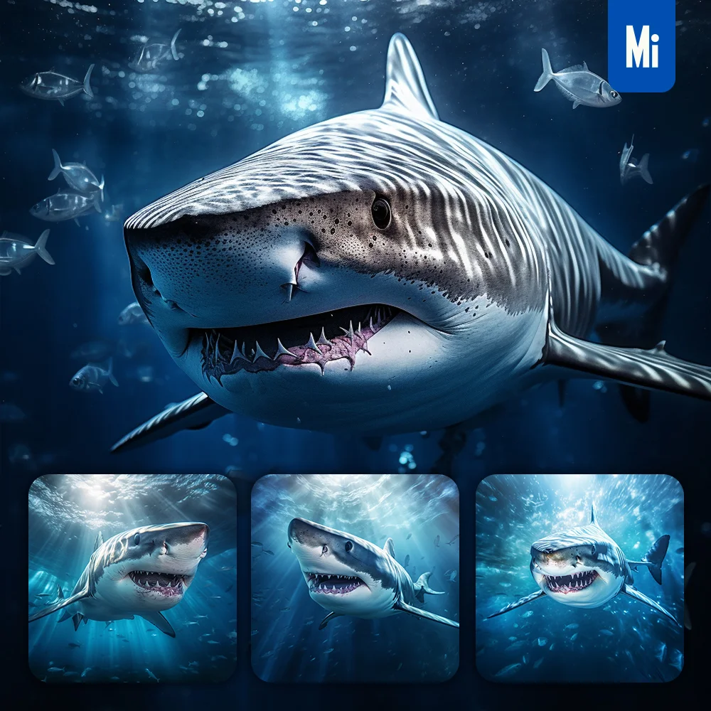 Midjourney Prompt Shark Underwater Sea Light Swim Diving Photography