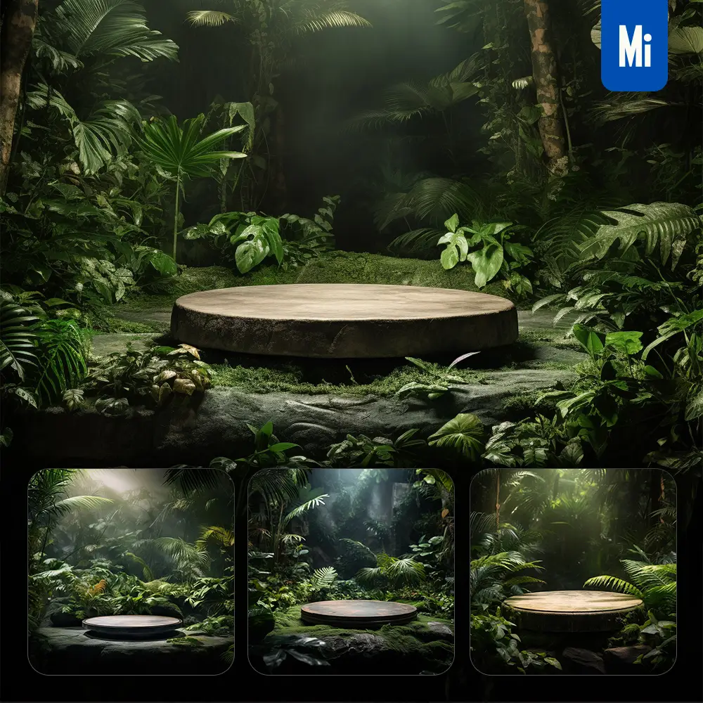 Midjourney Prompt Stone Table Green Leaves Product Scene Show Stage Photography