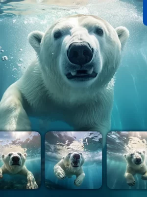 Midjourney Prompt White Polar Bear Underwater Sea Light Swim Diving Photography