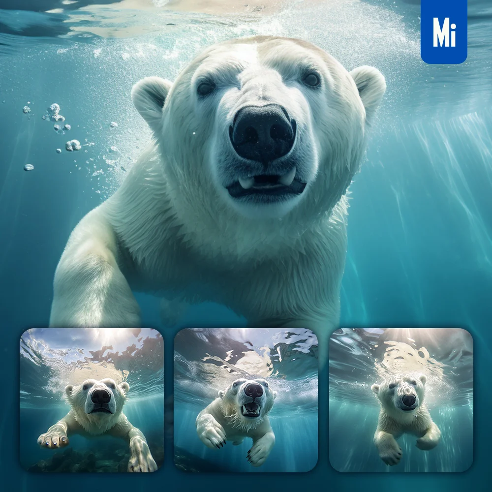 Midjourney Prompt White Polar Bear Underwater Sea Light Swim Diving Photography