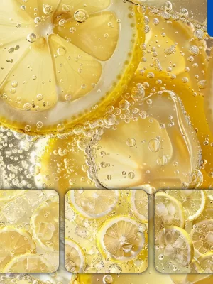 Midjourney Prompt Yellow Lemon Slice Ice Cube Sparkling Water Bubble Photography