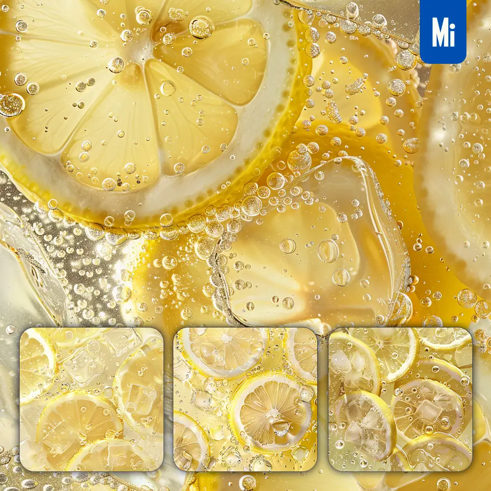 Midjourney Prompt Yellow Lemon Slice Ice Cube Sparkling Water Bubble Photography