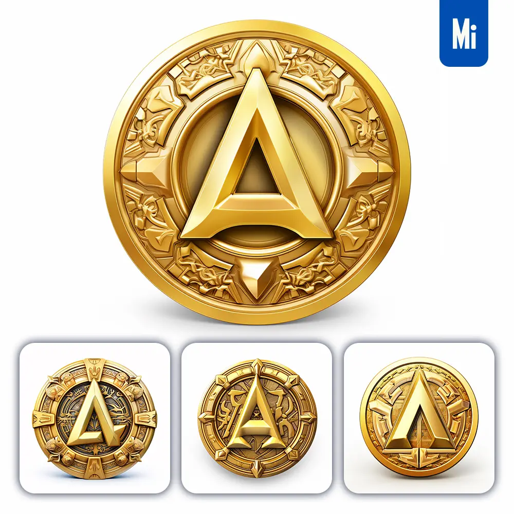 midjourney prompt badge logo letter A gold coin golden