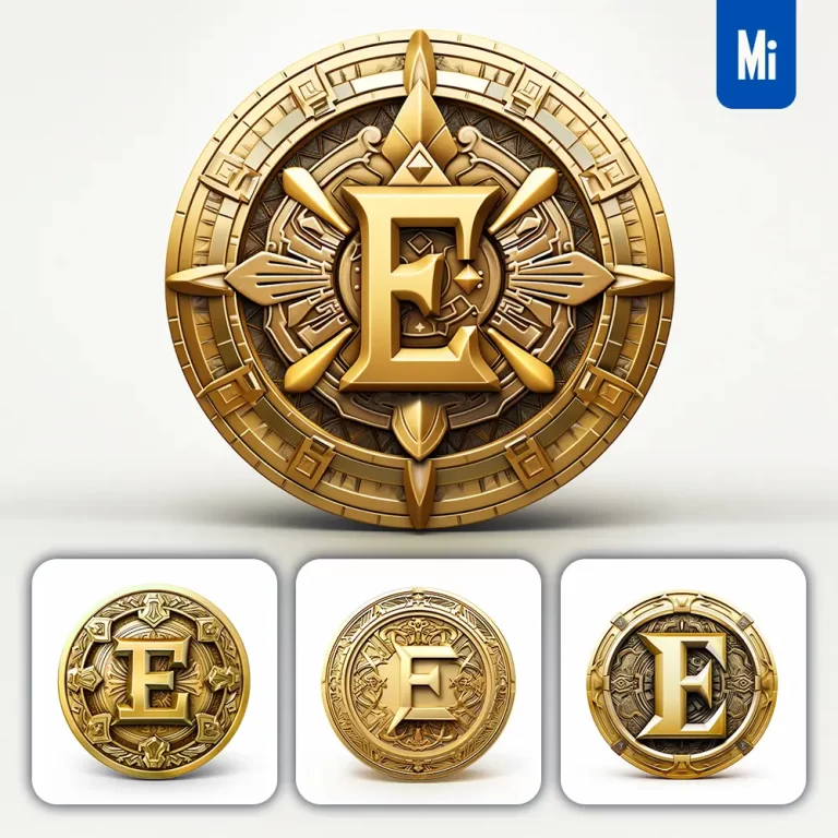 midjourney prompt badge logo letter E gold coin golden