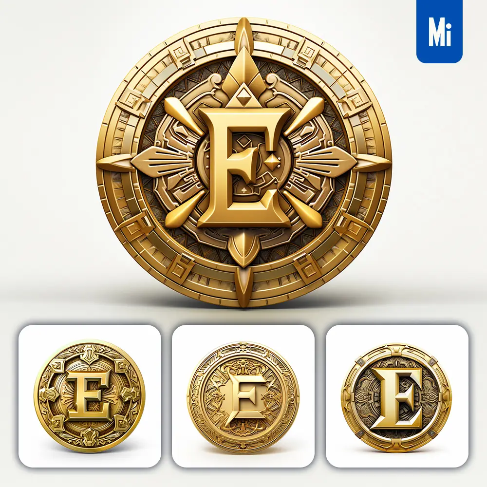 Midjourney Prompt Badge Logo Letter E Gold Coin Golden