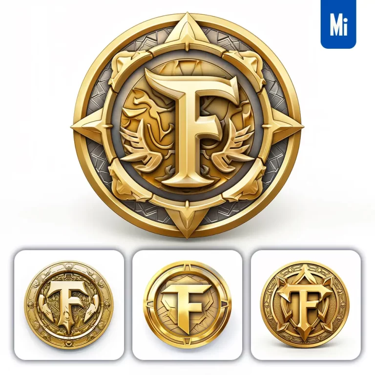 midjourney prompt badge logo letter F gold coin golden