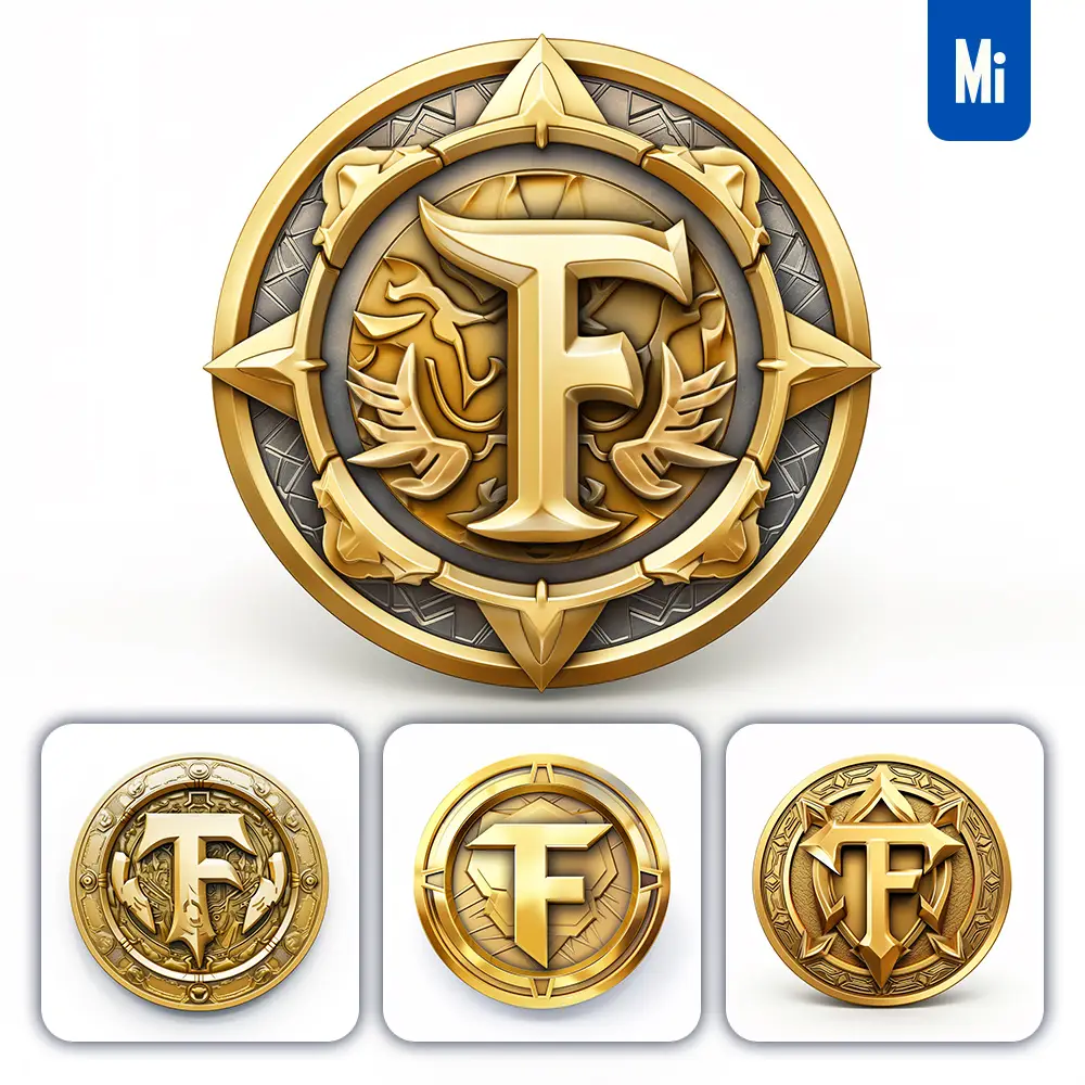Midjourney Prompt Badge Logo Letter F Gold Coin Golden