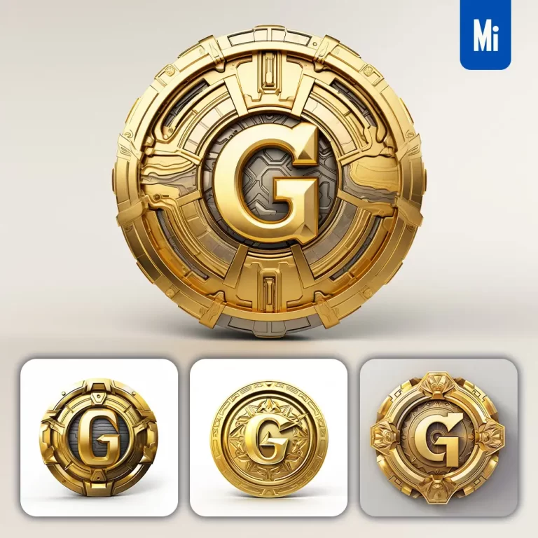 midjourney prompt badge logo letter G gold coin golden