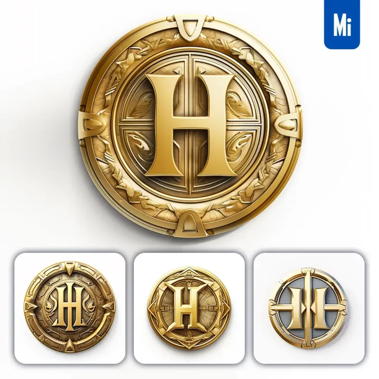 midjourney prompt badge logo letter H gold coin golden