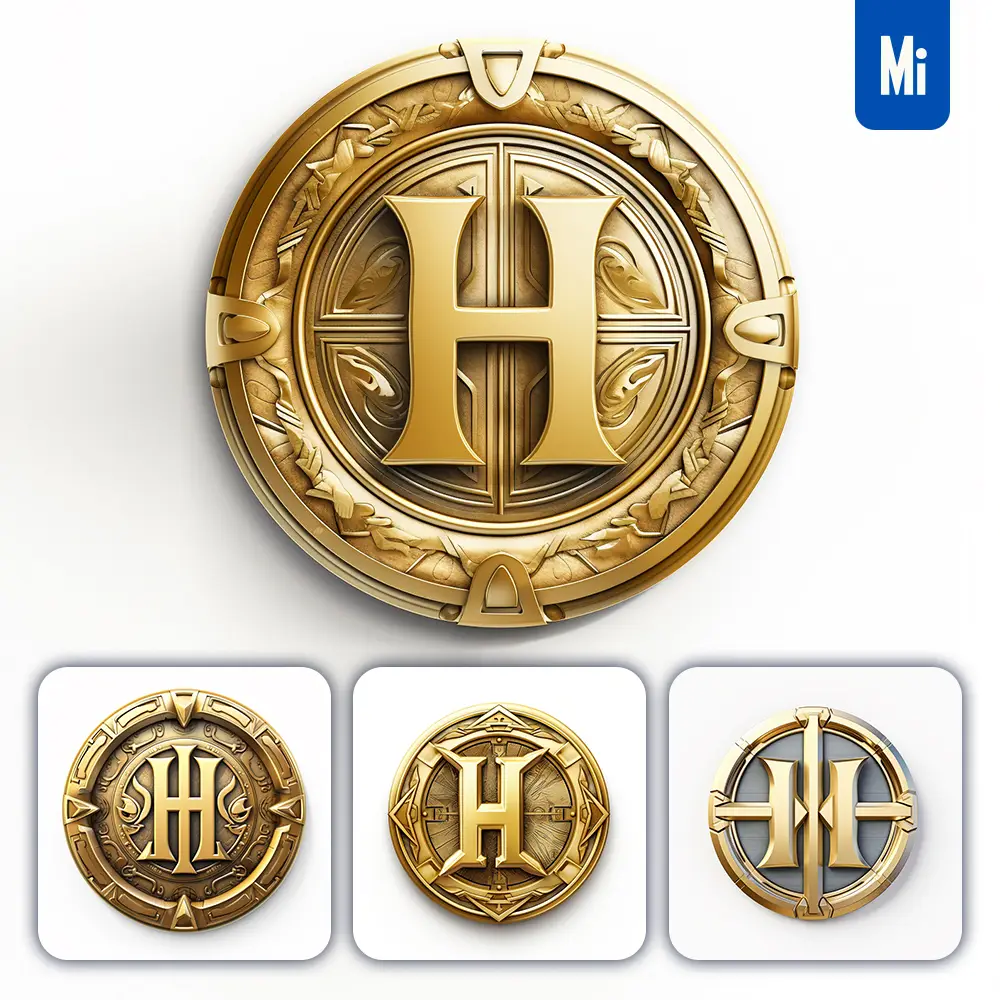 Midjourney Prompt Badge Logo Letter H Gold Coin Golden