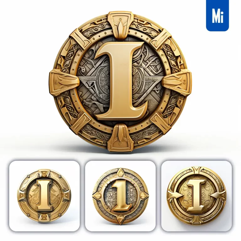 midjourney prompt badge logo letter I gold coin golden