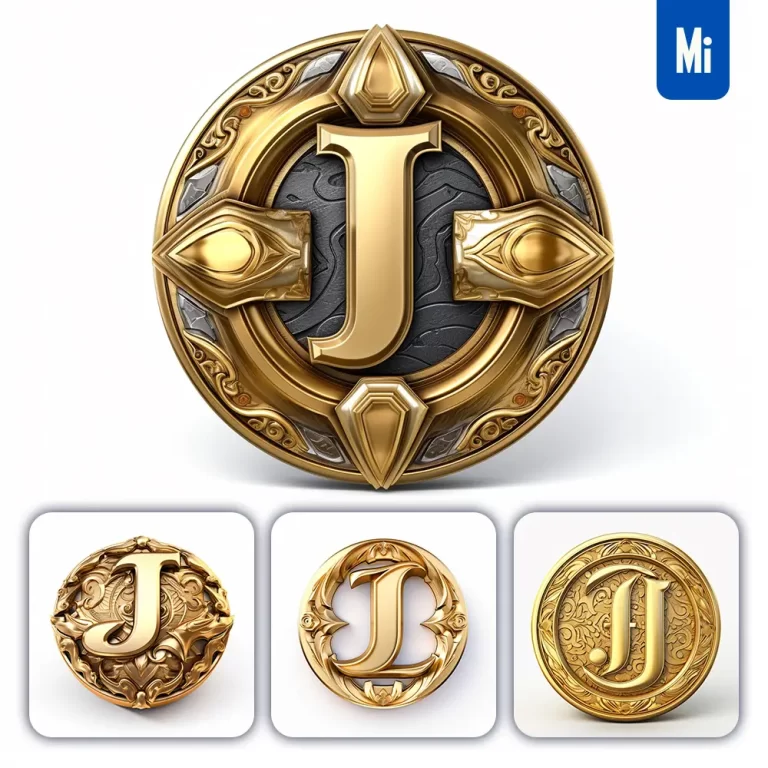 midjourney prompt badge logo letter J gold coin golden