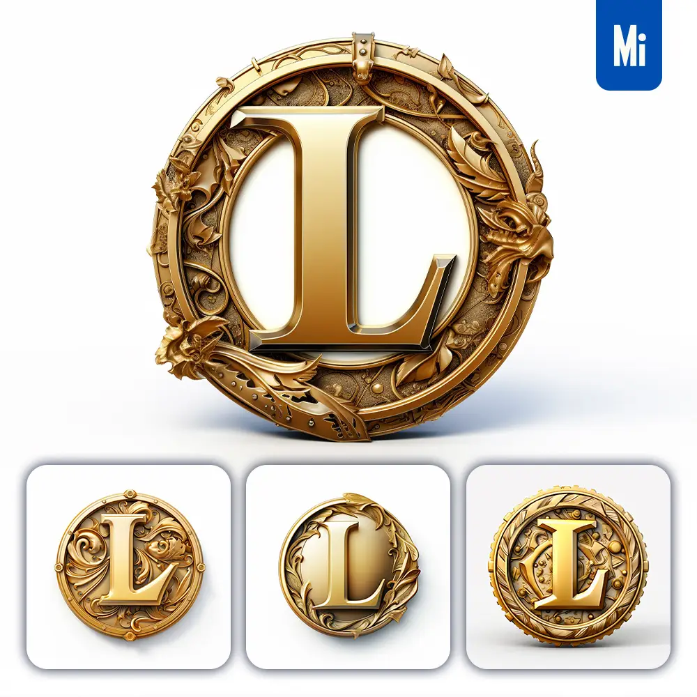 midjourney prompt badge logo letter L gold coin golden
