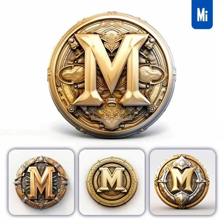 midjourney prompt badge logo letter M gold coin golden