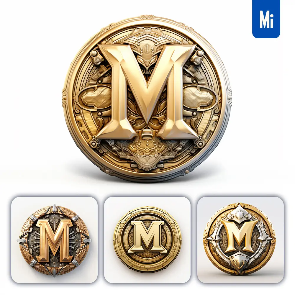 midjourney prompt badge logo letter M gold coin golden