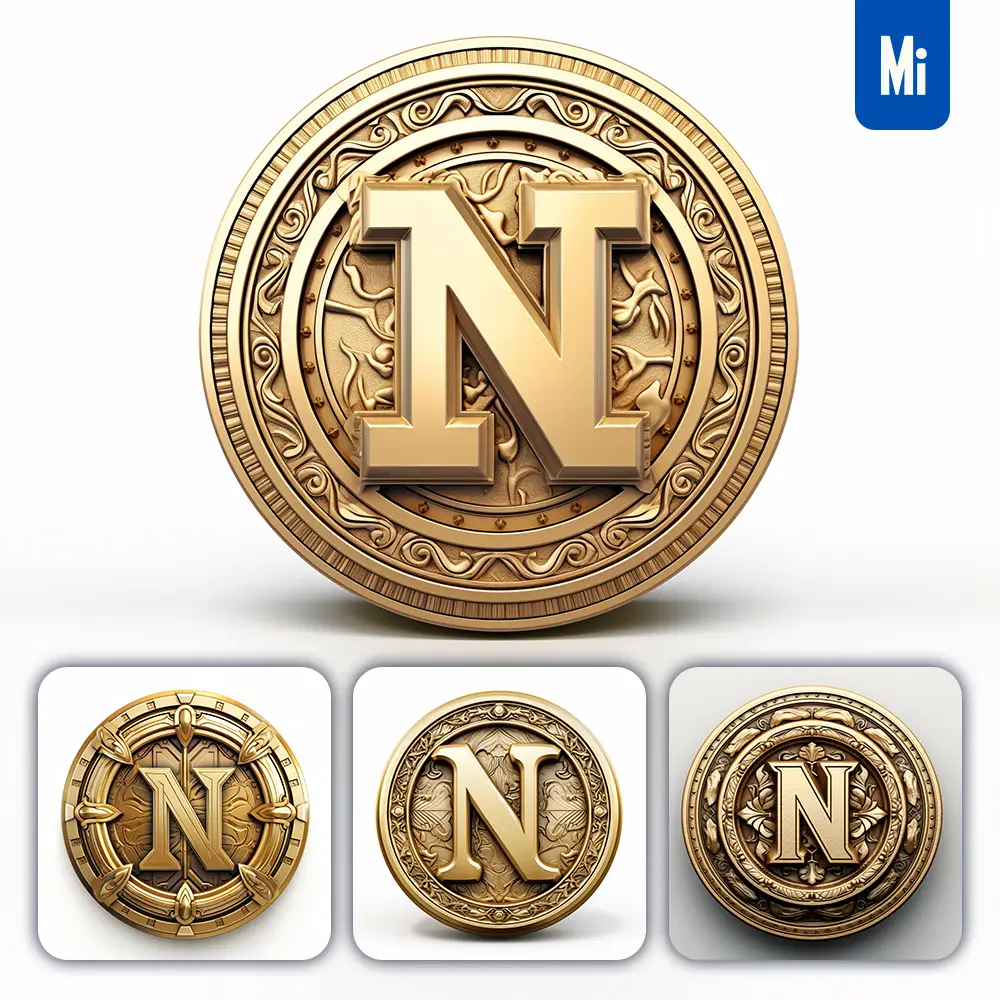 Midjourney Prompt Badge Logo Letter N Gold Coin Golden