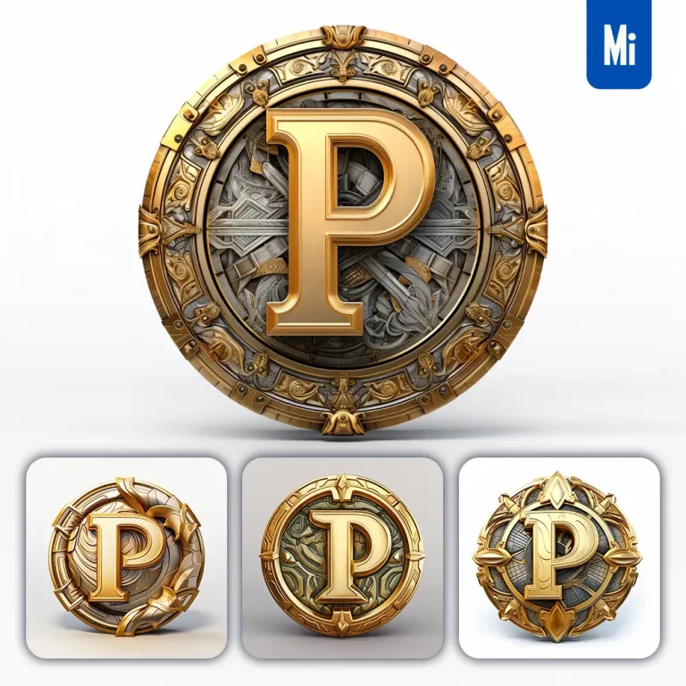 midjourney prompt badge logo letter P gold coin golden