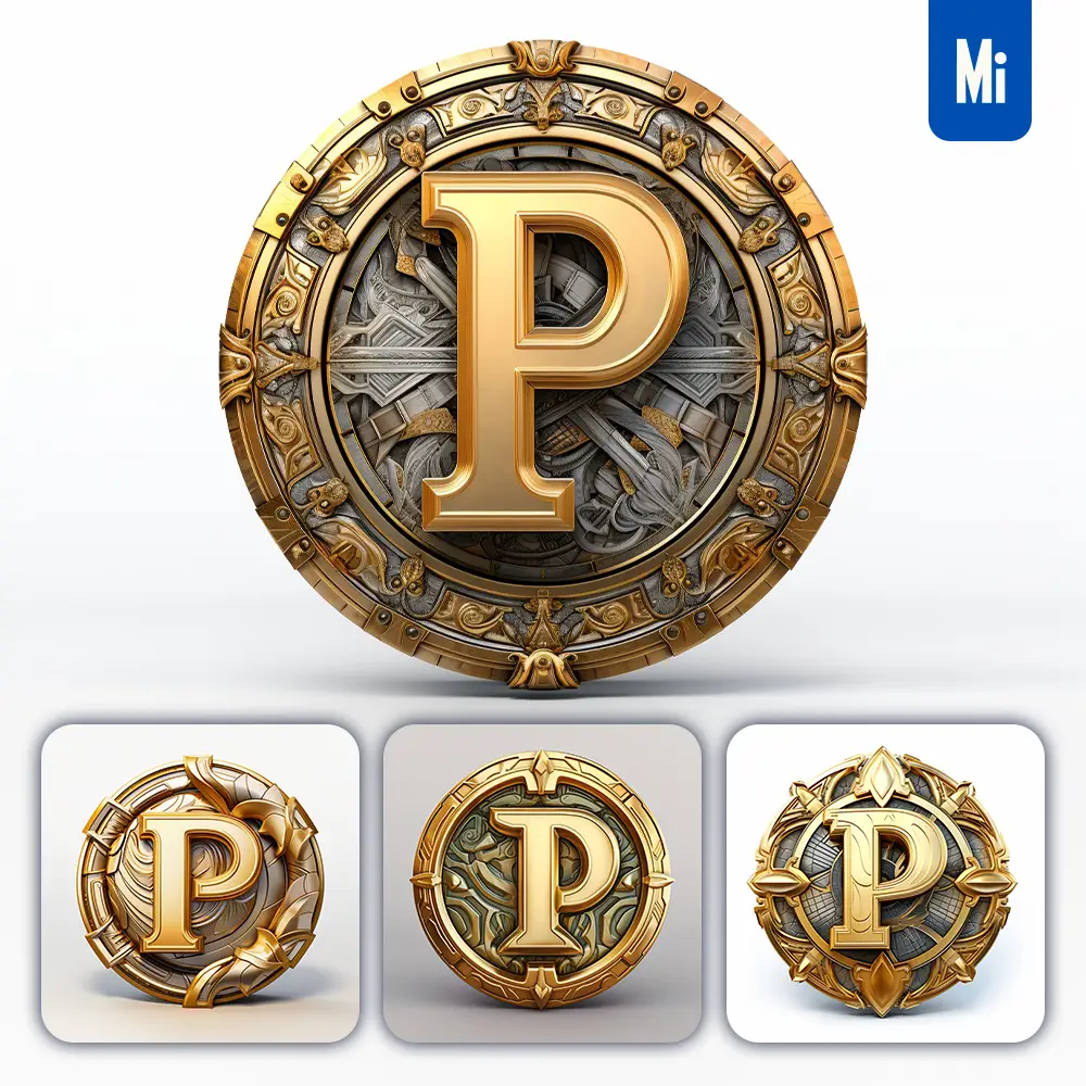 midjourney prompt badge logo letter P gold coin golden
