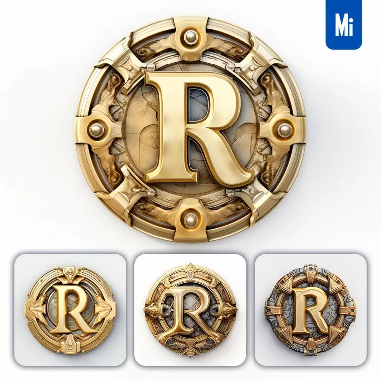 midjourney prompt badge logo letter R gold coin golden
