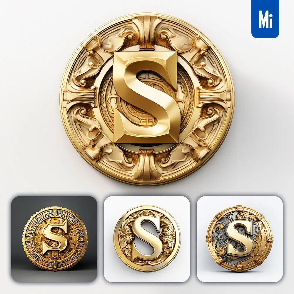 Midjourney Prompt Badge Logo Letter S Gold Coin Golden