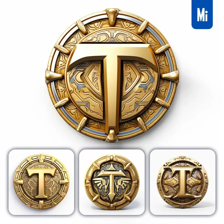 midjourney prompt badge logo letter T gold coin golden