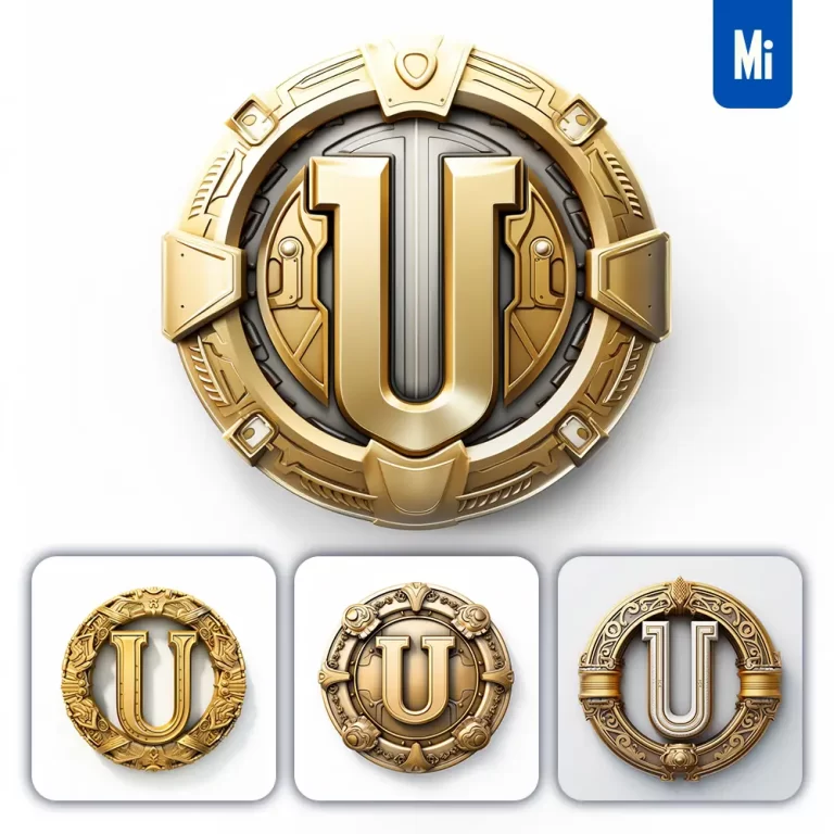 midjourney prompt badge logo letter U gold coin golden