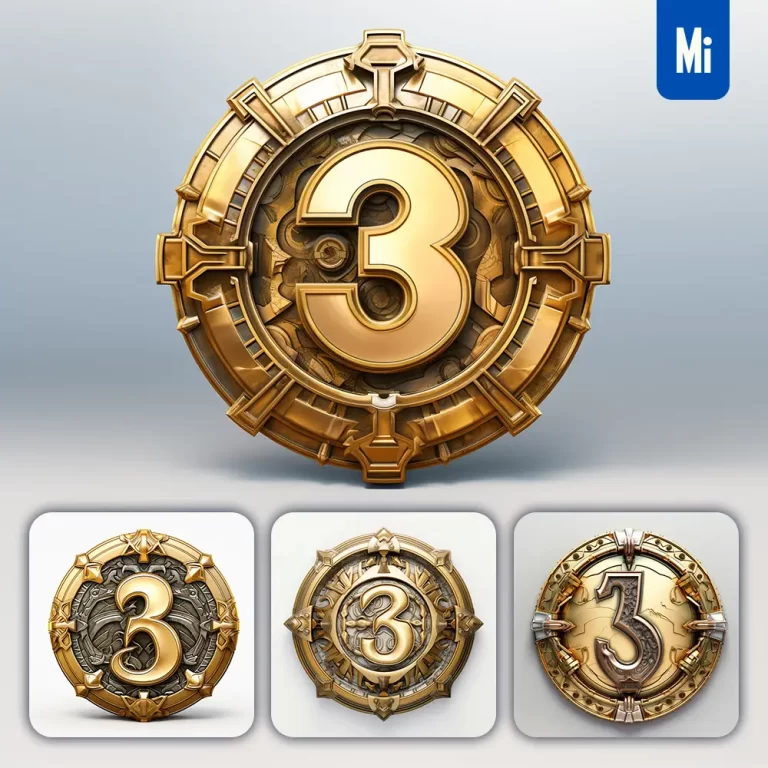 midjourney prompt badge logo number 3 gold coin golden
