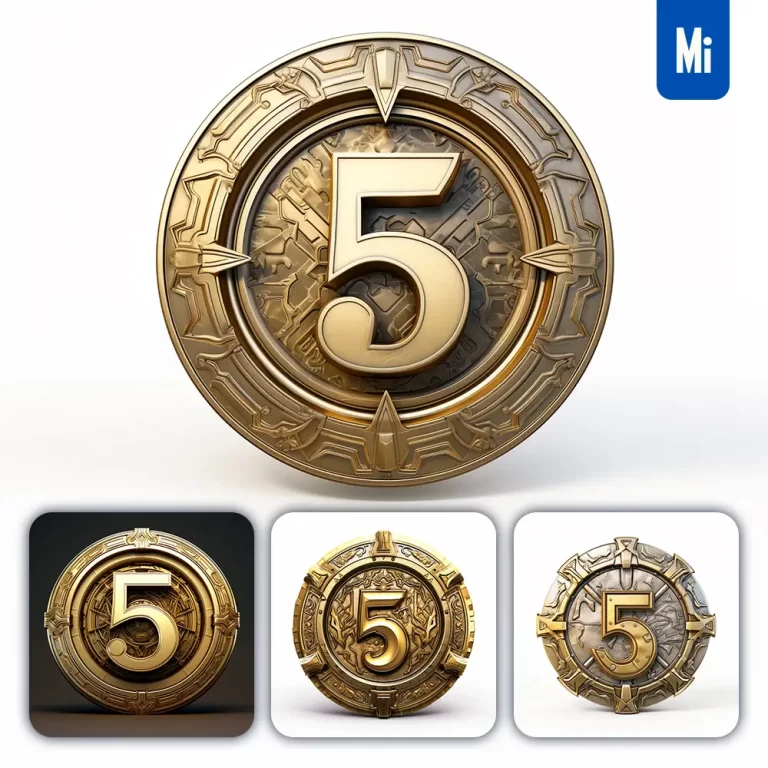 midjourney prompt badge logo number 5 gold coin golden