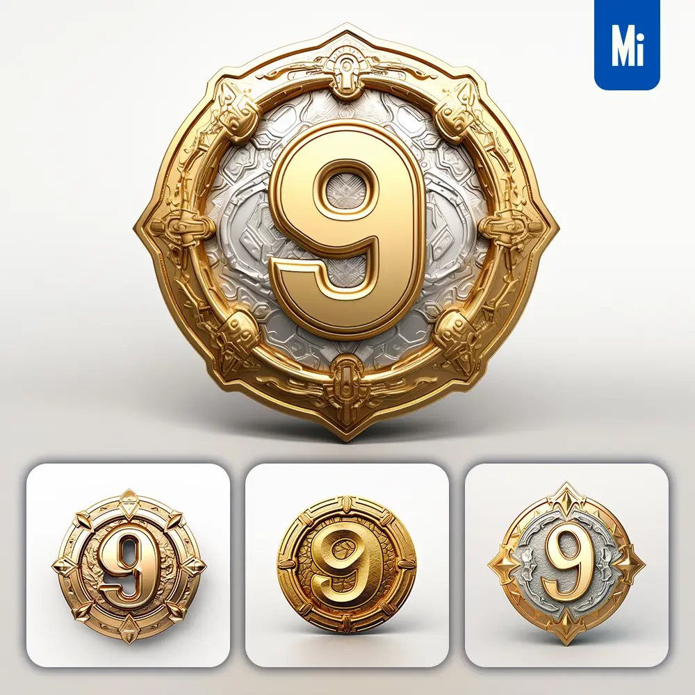 midjourney prompt badge logo number 9 gold coin golden