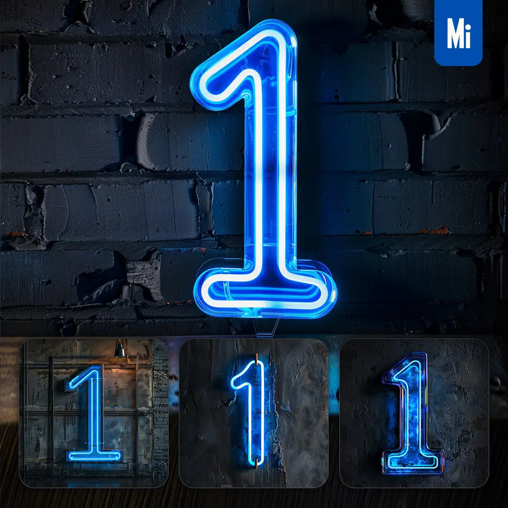 Midjourney Prompt 1 Number Blue Led Neon Light Word Text
