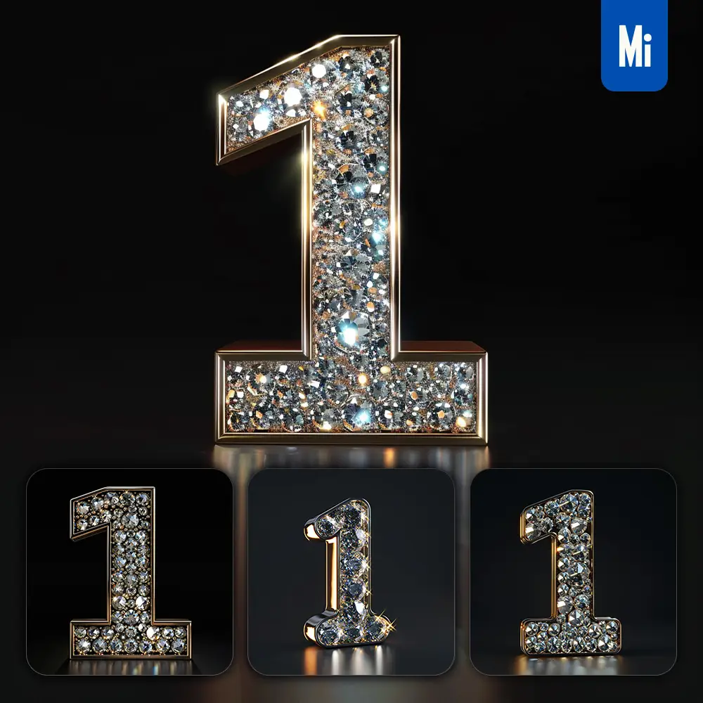 midjourney prompt 1 number word text type diamond gold 3D