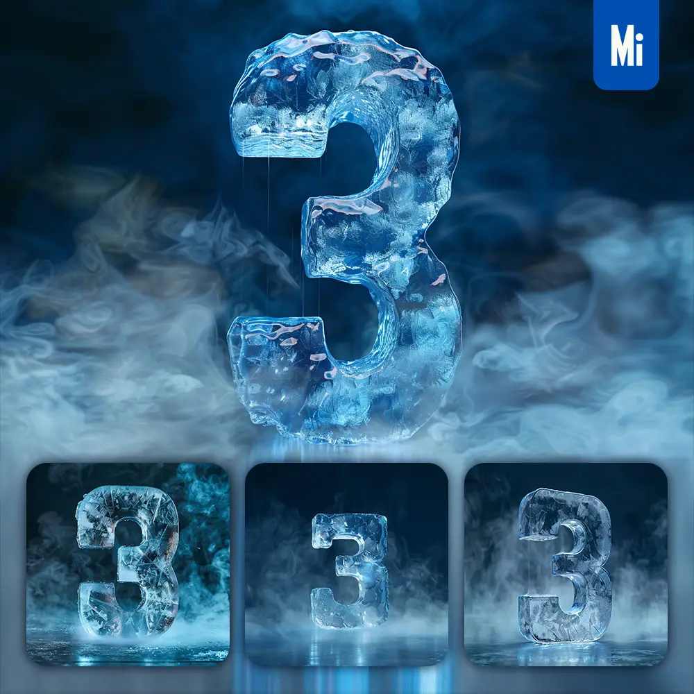 midjourney prompt 3 number cold ice block text word freeze 3D