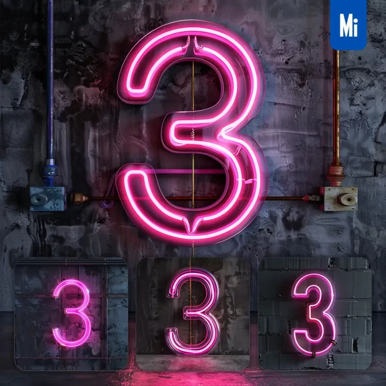 midjourney prompt 3 number pink LED neon light word text